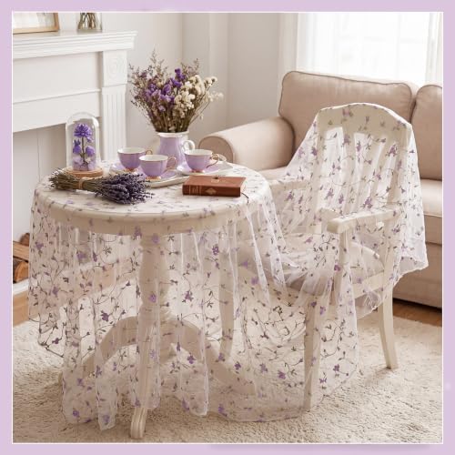 Lounsweer 3 Pcs Purple Flower Table Runner 10ft Embroidery Tulle Lace - Image 2