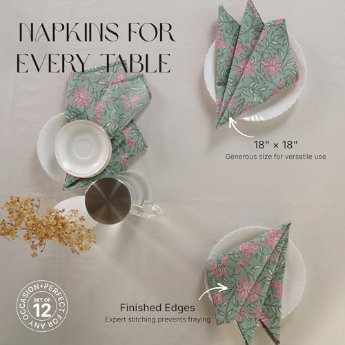 Floral Cloth Napkins Set of 12,Block Print Inspired 100% Cotton Dinner Napkins for Thanksgiving,Christmas & Fall Decor,Washable Reusable Wedding Table Linens,18x18 Inch, Soft Green Floral - Image 2