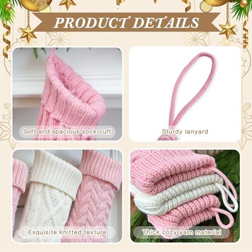 steo spce 5 Pack Pink & White Farmhouse Christmas Stockings – Rustic Boho Vintage Cable Knit Set, Includes 3 Small 15” Pink and 2 Large 18” White Stockings for Fireplace Mantel Holiday Décor - Image 4