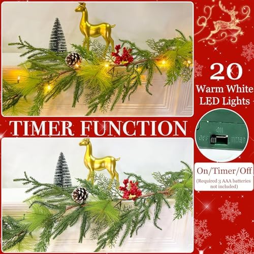 Prelit & Timer - 6FT Christmas Garland with Lights, Real Touch Norfolk Pine Garland Green Cedar Garlands Pine Needle Cypress Leaves Pinecone Red Berries Lighted Garland for Fireplace Table Xmas Decor - Image 4