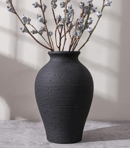 Ceramic Flower Vase Home Decor, 9 in Farmhouse Table Vases Rustic Vintage Living Room Kitchen Bedroom Pottery Decorative Vases for Flowers House Book Shelf Office Coffee Desk Dining Entryway, Black by FancyPlus