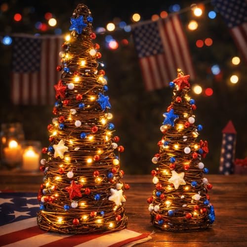 4th of July Decorations Lighted Tabletop Rattan Tree, Memorial Day Decor - Image 4