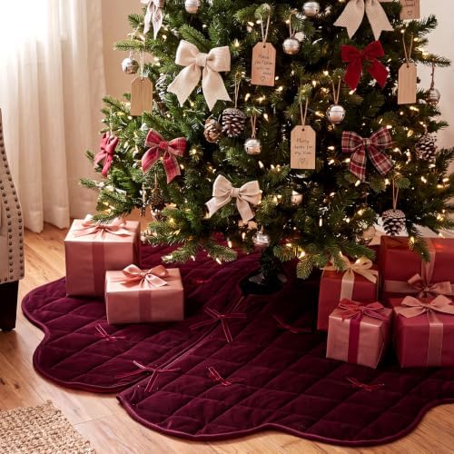 48 Inches Quilted Christmas Tree Skirt, Thick Rustic Trees Skirt, Burgundy - Image 5