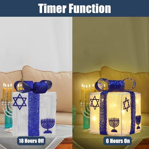 Krissing 3pcs Lighted Hanukkah Gift Boxes for Hanukkah Decorations, Christmas White and Blue Gift Boxes Decor for Chanukah Party Table Centerpieces Yard Jewish Christmas Tree Ornaments - Image 3