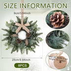 8 PCS Christmas Mini Cabinet Wreaths for Kitchen with Burlap Ribbon Norfolk Snowy Pine Needles Garland Pinecones Artificial Cedar Wreaths for Xmas Front Door Window Home Table Pillar Chair Wall Decor - Image 4