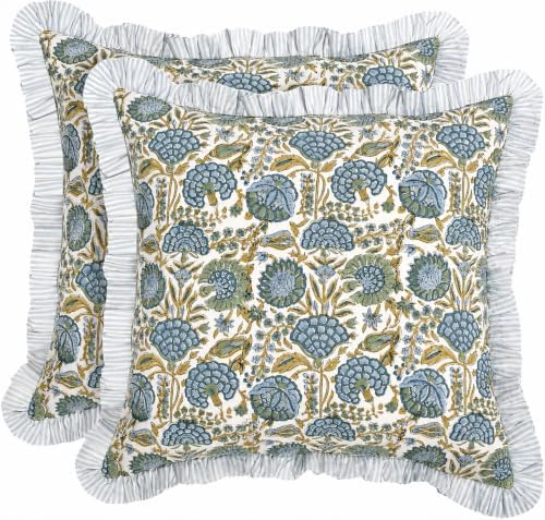Ridhi Asparagus Green Floral Block Print Throw Pillow Covers 20x20 Inch by Ridhi