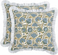 Ridhi Asparagus Green Floral Block Print Throw Pillow Covers 18x18 Inch by Ridhi