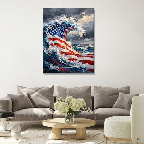 July 4th Patriotic Canvas Wall Art 4th of July USA Decorations American Flag Ocean Waves Abstract Picture Wall Decor Independence Day Home Decor 16x24in - Image 2