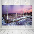 Leowefowa Mecca Mosque Backdrop 10x6.5ft Eid Mubarak Mosque Night View Photography Background Muslims Travel Historical Building Decorations Portraits Banner Photo Booth Props Vinyl - Image 3