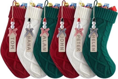 Personalized Christmas Stockings - 18 Inches Hanging Stockings with DIY Snowman Name Tags, 6 Pack Large Size Knitted Stockings for Mantels, Christmas Tree Family Holiday Decor, Red Green White by Minetom
