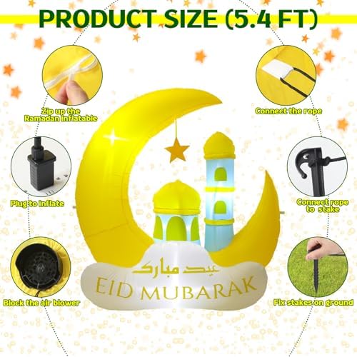 RoundFunny Ramadan Inflatable Outdoor Decorations Muslim Yard Decor with LED Lights Eid Mubarak Inflatables Islamic Blow Moon Castle for Celebrate Fasting Introspection Prayer - Image 2