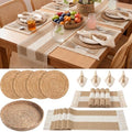 4 Sets Khaki Kitchen Decor,Table Setting Decor with Round Woven,Rectangular,Wooden Bead Napkin Rings,Cloth Napkins,Table Runner & Storage Basket,Natural Burlap Cotton for Kitchen Dining Table Home by DKALIO