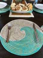 Senegal Placemats/African Bohemian Woven Seagrass Placemats/Natural Wicker Round Basket Placemats/Decorative Hanging Wicker Plates/Hanging Wall Decor (Light Blue & White) - Image 6