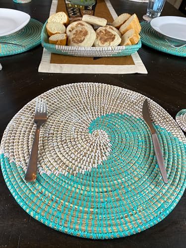 Senegal Placemats/African Bohemian Woven Seagrass Placemats/Natural Wicker Round Basket Placemats/Decorative Hanging Wicker Plates/Hanging Wall Decor (Light Blue & White) - Image 6