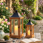 TRIROCKS Set of 2 Wooden Candle Lantern 15/22.5" H Candle Holder Brown - Image 3