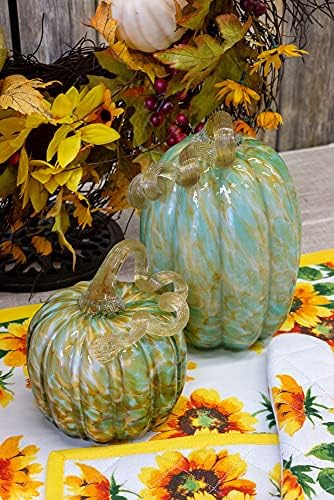 Decorative Handblown Glass Pumpkin Figurine, 5 x 8.5-Inches, Green and Gold - Image 3