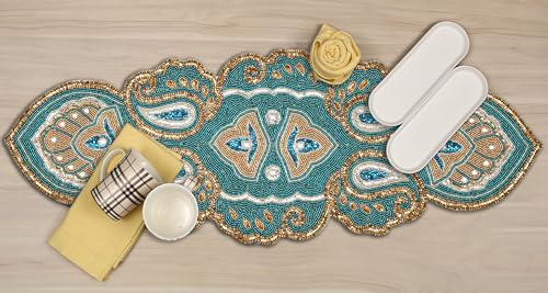 Lightnpro Beaded Christmas Table Runner 13x36 Inch - Teal Gold Paisley Design -Perfect Handmade Decorative Runner for Holiday, Thanksgiving, New Year, Winter Table Décor, Suitable Gift Every Occasion - Image 2