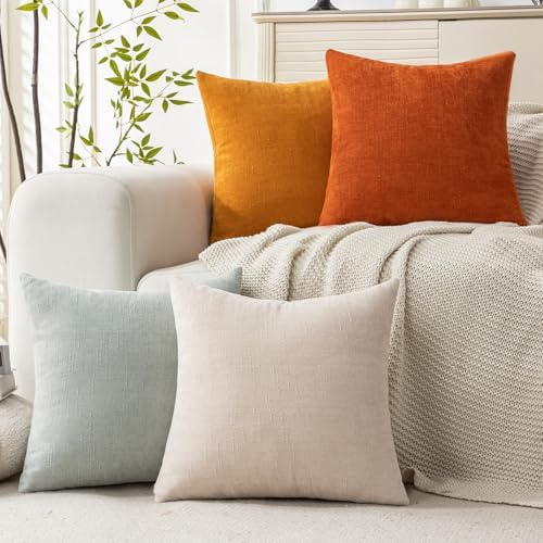 Set of 4 Soft Textured Decorative Throw Pillow Covers 18x18 Inch Cozy Farmhouse Cushion Cover Square Accent Pillow Cases for Bed Couch Sofa Living Room, Beige Aqua Burnt Orange - Image 3