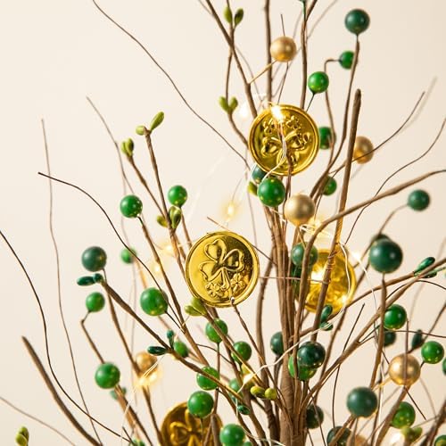Glitzhome Lighted St Patrick's Shamrock and Berry Blossom Table Tree 18”H Green Berries Tree Table Centerpiece for St Patrick's Day Holiday Decoration Home Decor Artificial Plants - Image 5