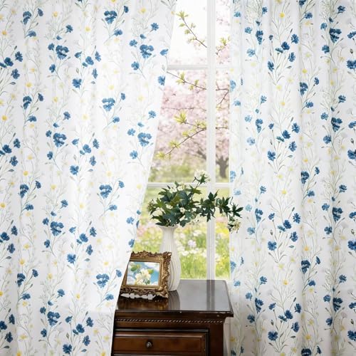 youleyar Floral Curtains 72 Inches Long for Living Room 2 Panels Printed Pattern Curtain Rod Pocket Spring Summer Watercolor Blue and White Floral Window Drapes for Girls Bedroom, 52" W x 72" L - Image 5