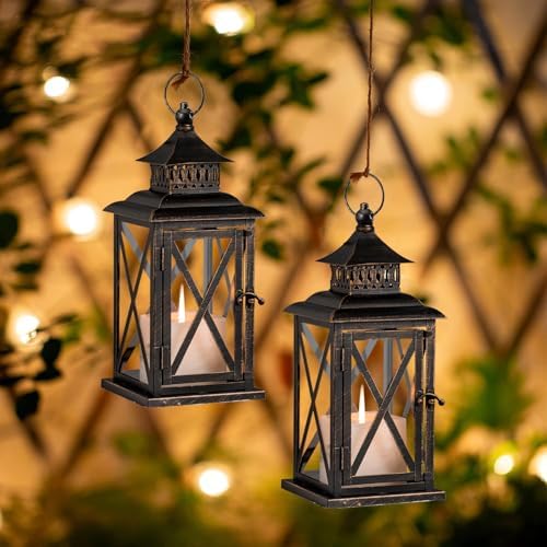 Lantern Decorative Indoor & Outdoor, 2 Pack Large Hanging Candle Lanterns Home Decor, Vintage Metal Candle Holders for Front Porch Patio Wedding Party, Halloween Christmas Decorations (Black) - Image 4