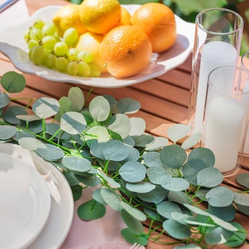 CQURE 96Pcs Eucalyptus Garland,Artificial Eucalyptus Leaves Table Greenery Garland Wreath Vines for Wedding Party Table Fireplace Wall Room Decor - Image 6