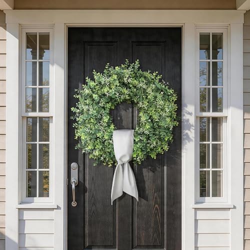 26" Artificial Eucalyptus Wreath with Sash for Front Door Decoration(Green) - Image 2