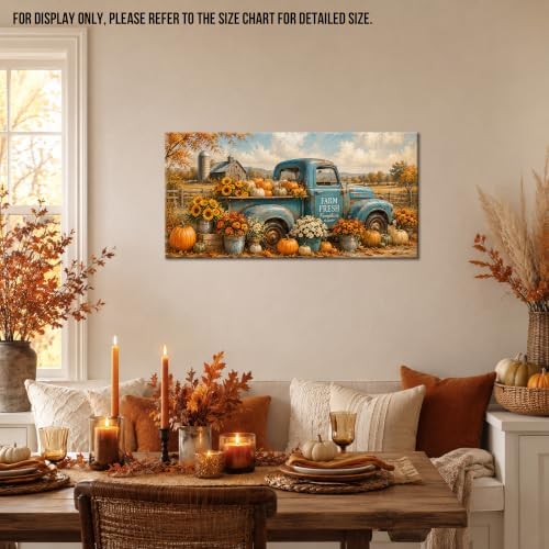 WAXWHELK Truck Fall Canvas Wall Art, Rustic Farmhouse Vintage Blue Truck Pumpkins and Sunflowers Painting Pictures, Autumn Thanksgiving Artwork for Living Room Kitchen Home Decor (16"x32") - Image 2