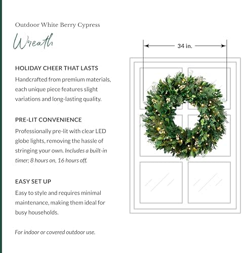 Balsam Hill Outdoor White Berry Cypress Christmas Wreath - Bright & Beautiful Front Door Wreath with Battery-Powered LED Globe Lights, 34" - Image 4