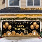 New Year’s Glittering Garage Door Banner – "Happy New Year" with Gold Balloons, Champagne Glasses, and Gifts – Garage Door Cover for Holiday Decor and Outdoor Celebrations by THISFIND