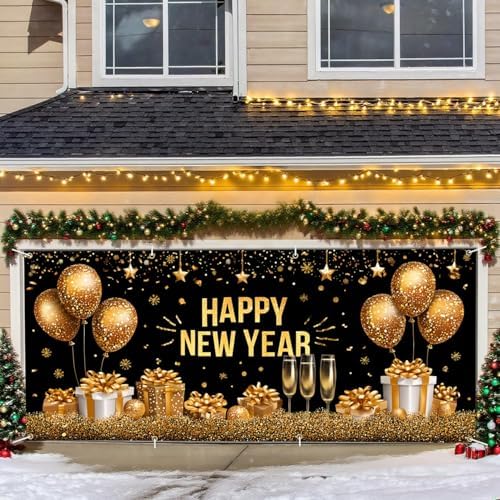 New Year’s Glittering Garage Door Banner – "Happy New Year" with Gold Balloons, Champagne Glasses, and Gifts – Garage Door Cover for Holiday Decor and Outdoor Celebrations by THISFIND