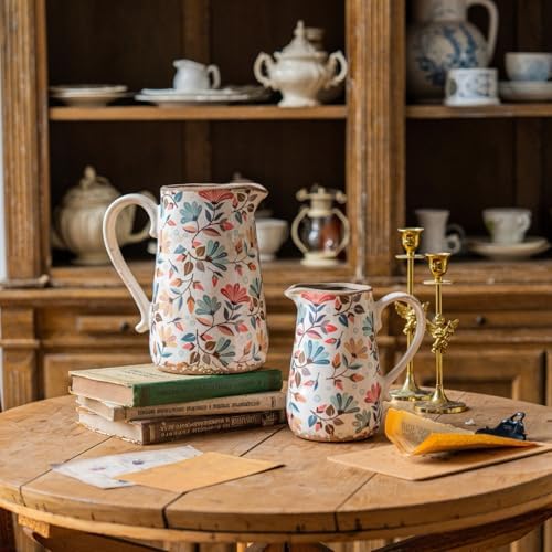 Vintage Colorful Flower Ceramic Vase with Handle, Retro Ice Glazed Crack Farmhouse Pitcher Vase for Home Decor, Living Room, Shelf, Office, Rustic Table Centerpiece 9 Inch - Image 4