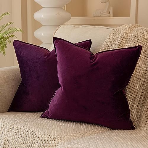 28x28 Velvet Decorative Throw Pillow Covers Set of 2,Eggplant Purple by JUSPURBETHOME