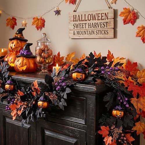 DecorbyHannah 6ft Halloween Garland for Mantle with Lights Pumpkin Decor - Image 5