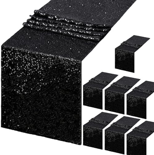 B-COOL Sequin Black Table Runner: 8 Pack 12x72Inch Glitter Decoration Sparkly Fabric for Halloween Graduation Holiday Birthday Outdoor Table Decor by B-COOL