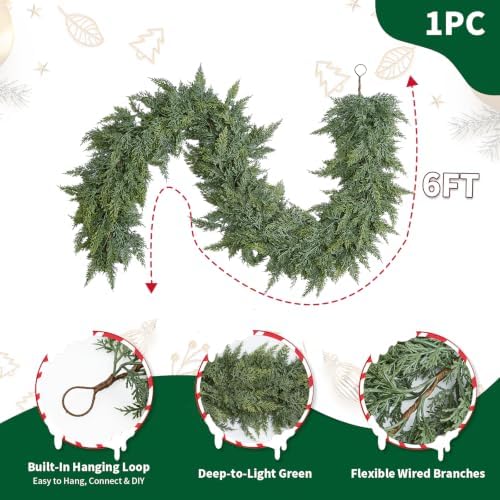 6FT Christmas Cedar Garland, Real Touch Greenery Garland, Realistic Two-Tone Soft Artificial Green Garland for Mantle Fireplace Table Stairs Door Porch, Indoor Outdoor Winter Holiday Decorations - Image 2