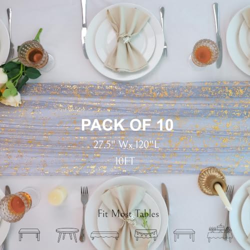 Snowkingdom 10Pcs Dusty Blue Gold Table Runner 10Ft Glitter Sheer Gauze, Metallic Chiffon Cheesecloth Tulle, Sparkly Rustic Party Decorations for Wedding Birthday Baby Shower Baptism Winter Christmas - Image 2