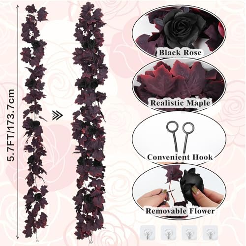 RECUTMS Black Burgundy Garland Artificial Black Rose Garland Fall Leaf Vine - Image 2