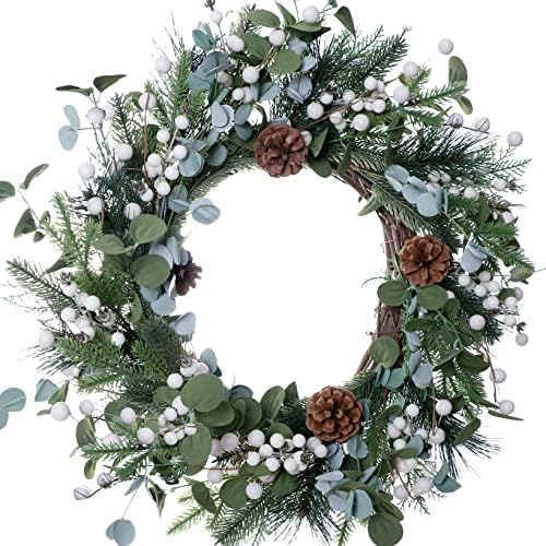 J'FLORU Christmas Wreaths for Front Door 20 Inch Artificial Christmas Wreath White Winter Wreath with Berries Pine Cones Pine Needles for Xmas Winter Holidays - Image 5