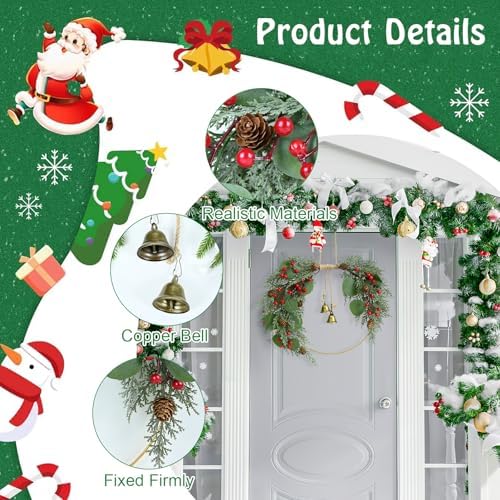 Christmas Wreath for Front Door Artificial Half Circle Wreaths with Bell Pine Cones Red Berries Eucalyptus Leaves Outdoor Wreath for Farmhouse Front Porch Window Christmas Decorations - Image 3