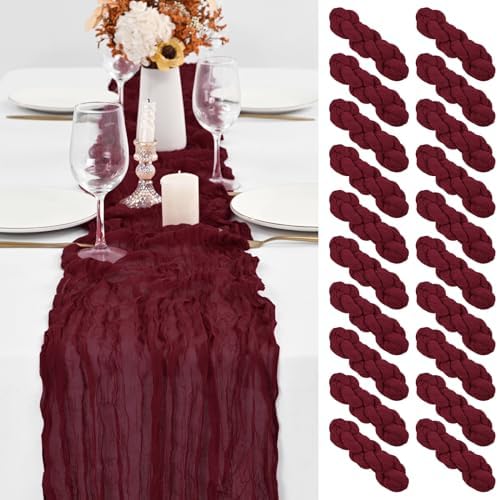 20 Pack Burgundy Table Runner 10Ft Burgundy Cheesecloth Table Runner Boho Gauze Table Runners Long Romantic Sheer Fabric Cheese Cloth Table Runners for Wedding Party Bridal Shower by YMHPRIDE