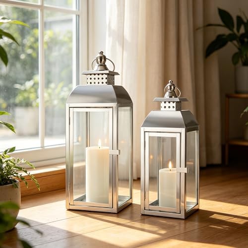 JHY DESIGN Set of 2 Stainless Steel Decorative Candle Lanterns 20.5"&15" High Metal Candle Lanterns for Indoor Outdoor Events Parities Weddings Vintage Style Hanging Lantern - Image 6