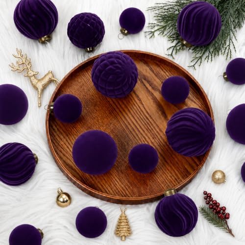 XmasExp 36PCS Velvet Christmas Ornaments Set Mixed Flocked Balls Ornaments Shatterproof Christmas Tree Decorations for Holiday,Party,Home（Purple） - Image 3