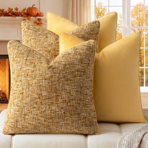a moment Bright Yellow 4 Pack Throw Pillow Covers - Chenille & Velvet Set with Piping, Farmhouse Textured Design Pillow Cases for Couch Sofa Bed Livingroom (22x22 Inch, No Insert) by amoment