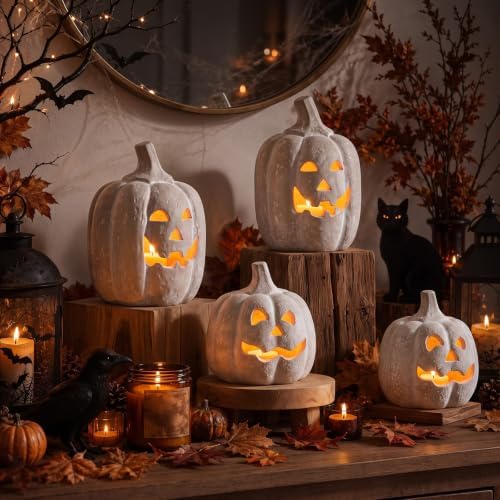 4 Pcs Halloween Decor Terracotta Pumpkin Jack O Candle Lantern, 3.7" & 6.3" by Chunful