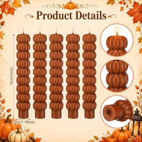 Conelist 5 Pcs Pumpkin Taper Candles Autumn Halloween Gifts, Warm Brown - Image 3