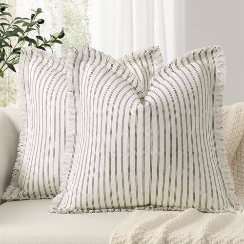 ZWJD Throw Pillow Covers 18x18 Set of 2 Striped Pillow Covers with Fringe Chic Cotton Decorative Pillows Square Cushion Covers for Sofa Couch Bed Living Room Farmhouse Decor (Olive Green) by ZWJD