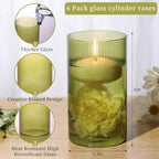 Glass Cylinder Bud vases for Centerpieces, 6 Inches Clear Ribbed Glass Vases Bulk for Wedding Table Decor, Loral Vase Bulk Flower vases, Tall Hurricane Candle Holder for Table Shelf, Party (Green) - Image 3