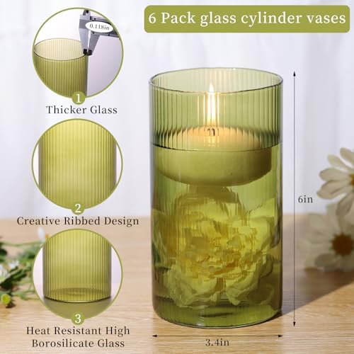 Glass Cylinder Bud vases for Centerpieces, 6 Inches Clear Ribbed Glass Vases Bulk for Wedding Table Decor, Loral Vase Bulk Flower vases, Tall Hurricane Candle Holder for Table Shelf, Party (Green) - Image 3