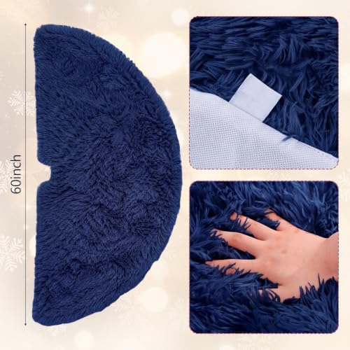 Navy Blue Faux Fur Christmas Tree Skirt 60 Inch Plush Tree Skirt - Image 2